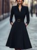 Women's V Neck Long Sleeve Dress Waist Cinching Solid Color Autumn Winter Long Dress European American Style_ecoleips.com