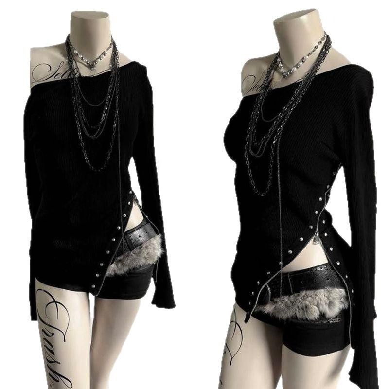 Y2K Gothic Women's Long-Sleeve T-Shirt Sexy Slim Fit Chic Slash Neck Zipper Design Crop Top Rock Punk Hip Hop Women's Streetwear_ecoleips.com