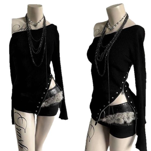 Y2K Gothic Women's Long-Sleeve T-Shirt Sexy Slim Fit Chic Slash Neck Zipper Design Crop Top Rock Punk Hip Hop Women's Streetwear_ecoleips.com