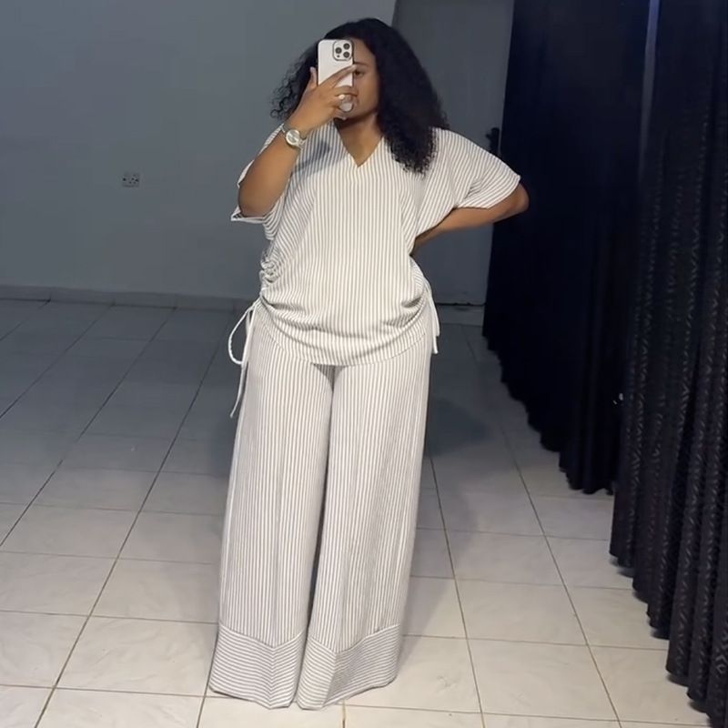 Women's Spring Clothing Set Casual Loose V Neck Top With Drawstring Short Sleeves Matching Trousers_ecoleips.com