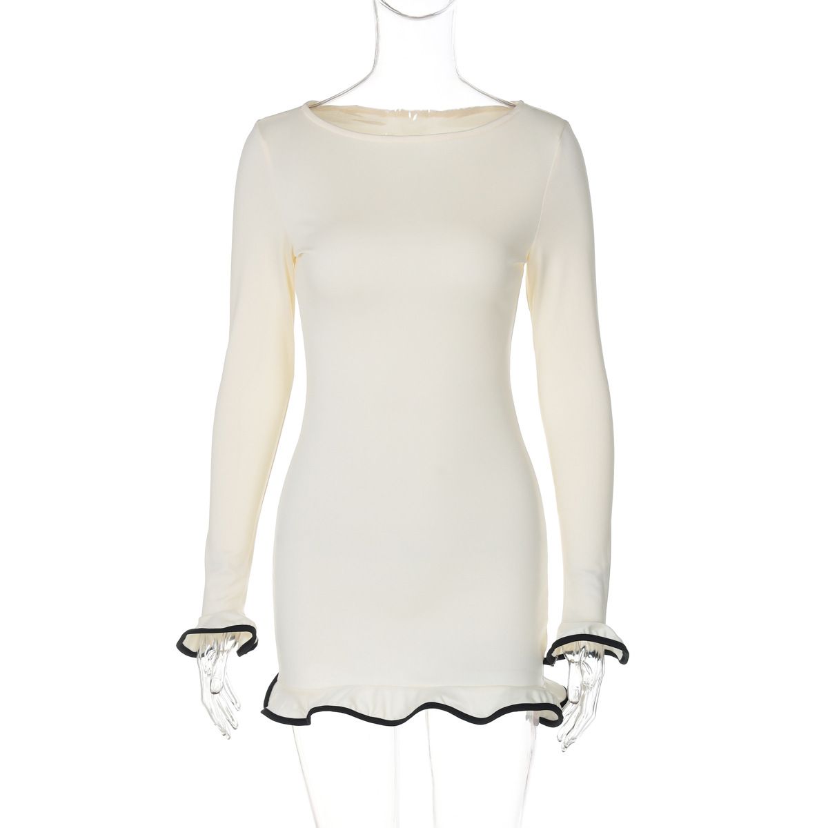 Women's Sexy Bodycon Mini Dress Long Sleeve Ruffled Hem Stretchy Knit Fit And Flare Dress_ecoleips.com