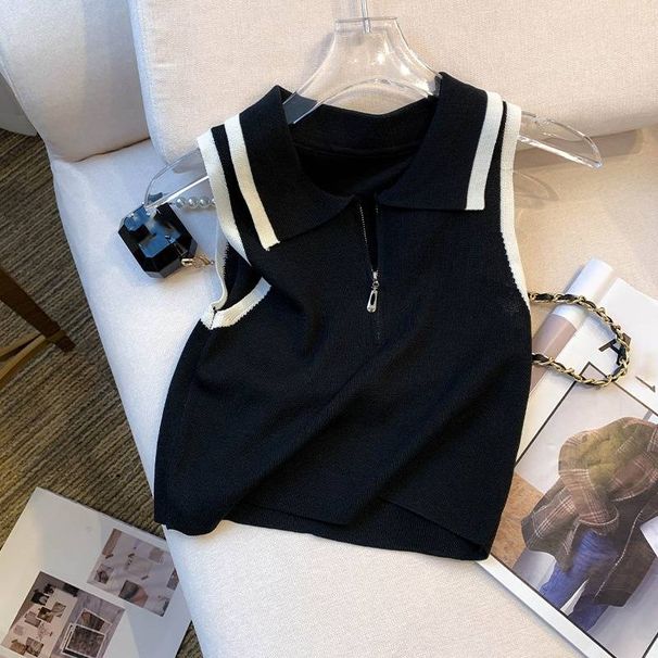 Women's Clothing Real Shot Of New Summer Design Niche Contrast Color Zipper Vest Suspenders Knitted Tops For Women_ecoleips.com
