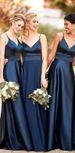 Navy Blue Satin Strapless Bridesmaid Dress Elegant A-Line Evening Gown for Weddings And Parties_ecoleips.com