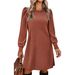 Women's Round Neck Puff Sleeve Mid Length Dress Brushed Ribbed Solid Color Autumn Winter_ecoleips.com