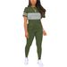 Fashionable Women's Two-Piece Suit round Neck Short Sleeved Color Block Top And Trousers European American Style_ecoleips.com