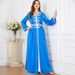 Muslim Dress Women Embroidered Long Robe Dress Two-Piece Set For Women, Traditional Middle Eastern Abaya With Belt, Blue Polyester Flowy Maxi Dress_ecoleips.com