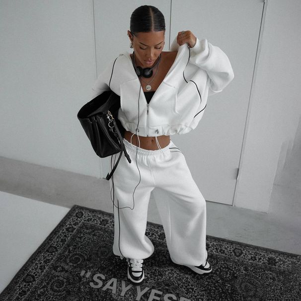 Women's Clothing Contrasting Lines Hooded Zipper Sweater Casual Hooded Zip-Up Sweatshirt Contrast Color Block Straight Leg Pants Set Loose Streetwea_ecoleips.com