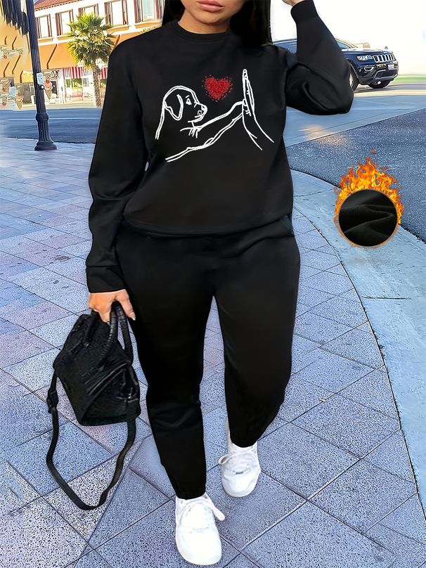 Women's Autumn And Winter Hip-hop Casual Street And Dog High Five Pattern Printed Round Neck Sports Shirt+sports Pants Set-539_ecoleips.com