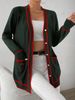Smooth Fine Knit Cardigan, French Tweed Contrast Trim V-Neck Mid-Length Loose Outwear, Plus Size Women Casual Daily Commute Versatile Fashion Coat_ecoleips.com