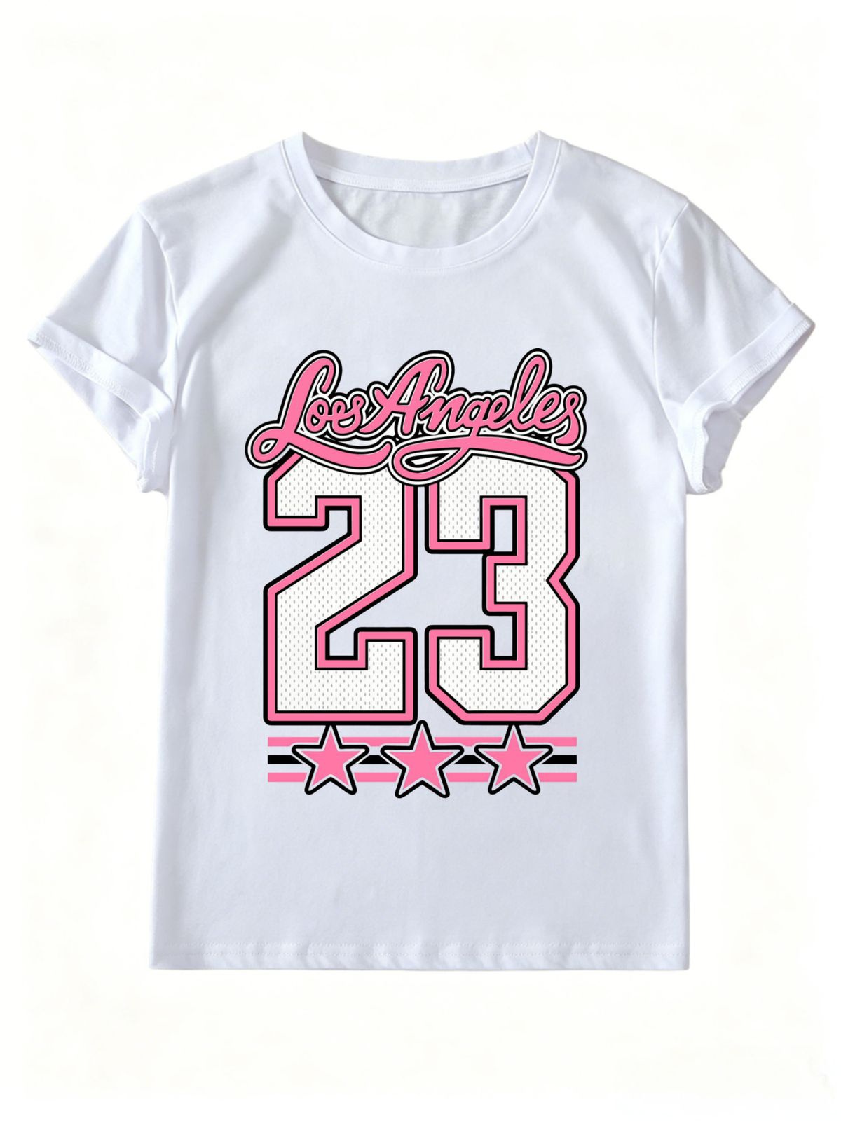 Women Summer Crew Neck Short Sleeve T-Shirt, Los Angeles 23 Pink Star Graphic Print Casual Loose White Tee Vintage Streetwear Top_ecoleips.com