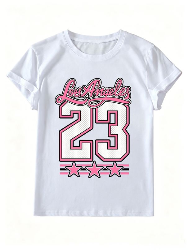 Women Summer Crew Neck Short Sleeve T-Shirt, Los Angeles 23 Pink Star Graphic Print Casual Loose White Tee Vintage Streetwear Top_ecoleips.com