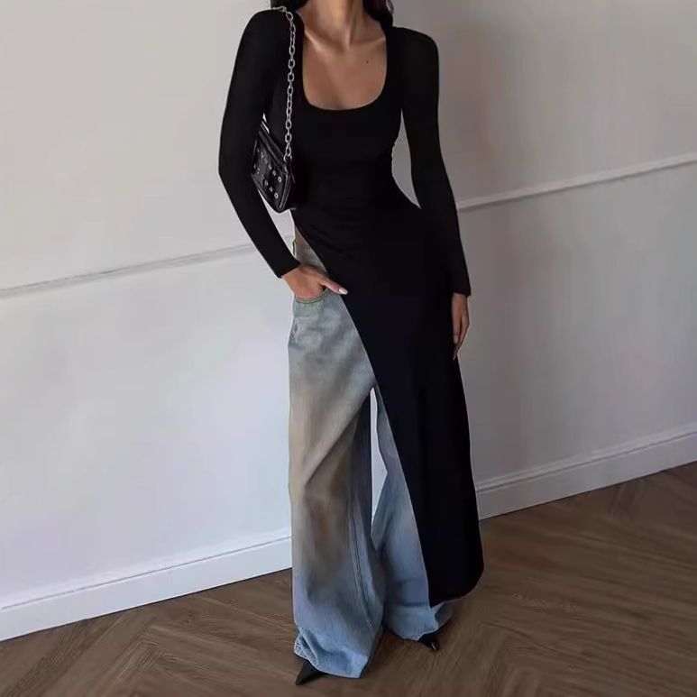 Women's Fashion Rib-Knit Long Sleeve T-Shirt Slim Fit Round Neck Casual Stretch Top For Daily Wear_ecoleips.com
