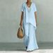 Women's Cotton Linen V Neck Short Sleeve Top And Wide Leg Pants Set Casual Fashion Loose Fit European And American Style Independent Store Clothing_ecoleips.com