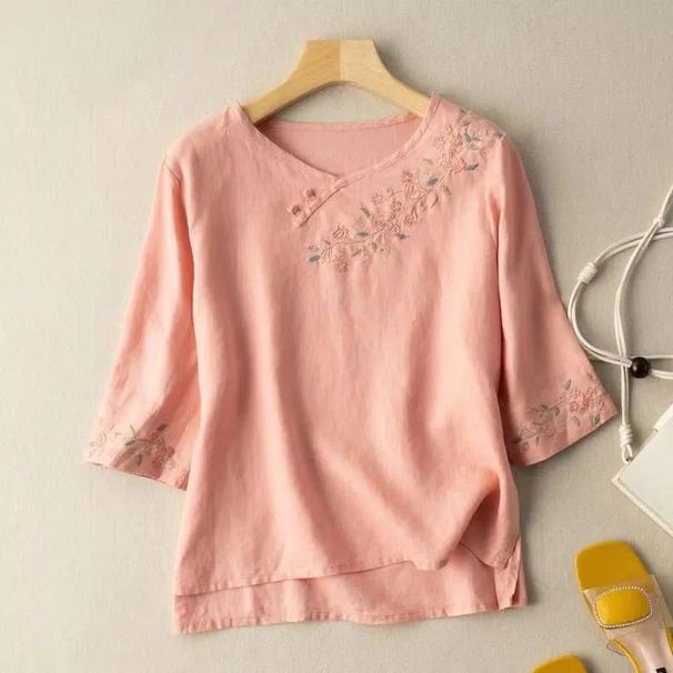 China Wind-Clasp Embroidered Shirt For Women Artistic Retro Summer Cotton-Linen Loose-Fitting Embroidered Top With Sev_ecoleips.com