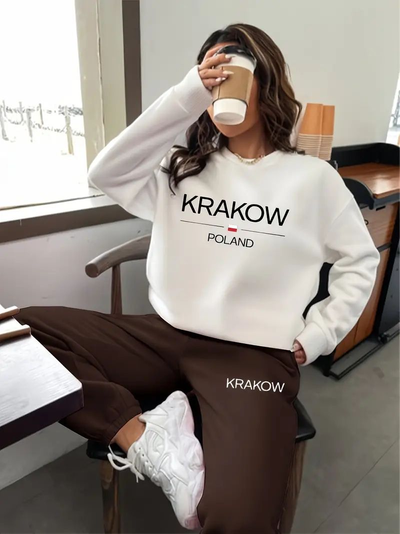 "Women's 250GSM Fleece Letter-Printed Sweatshirt & Jogger Set - Casual Style, Soft Polyester, Loose Fit, Long Sleeve Two-Piece Outfit"_ecoleips.com
