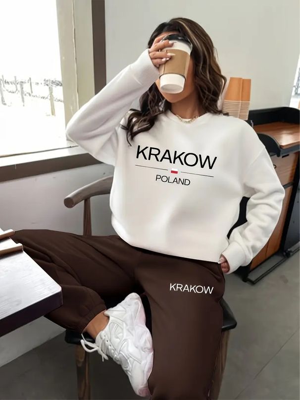 "Women's 250GSM Fleece Letter-Printed Sweatshirt & Jogger Set - Casual Style, Soft Polyester, Loose Fit, Long Sleeve Two-Piece Outfit"_ecoleips.com