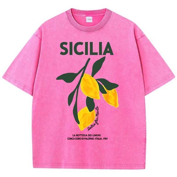 Amalfi Coast Italia Lemon Fruit Design Women Washed T-Shirts Y2K Casual T Shirt Summer Hip Hop Top Cotton Loose Short Sleeve_ecoleips.com