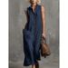 Solid Color Stand Collar Button Design Sleeveless Loose Cotton Linen Casual Dress For Women Daily Leisure Wear_ecoleips.com