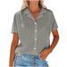 Women's New Style Short Sleeve Solid Color Button Collar Cotton Linen Casual Shirt_ecoleips.com