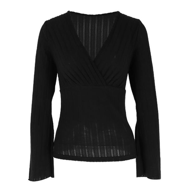 K New Elegant And Fashionable Knitted Thread V-neck Flared Sleeve Design T-shirt For Women's Wear_ecoleips.com