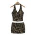 Y2K Sexy Camouflage Halter Neck Camisole Women Summer New Slim Fit Bodycon Short Skirt Casual Two-Piece Set_ecoleips.com