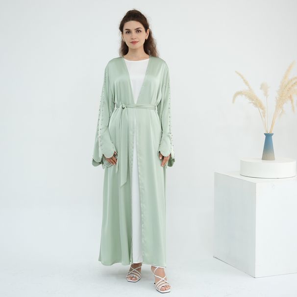 Handcrafted Dubai-Inspired Beaded Open Front Cardigan – Elegant Long Sleeve Blouse For Women (Green, M/L/XL, 3D Floral Design)_ecoleips.com