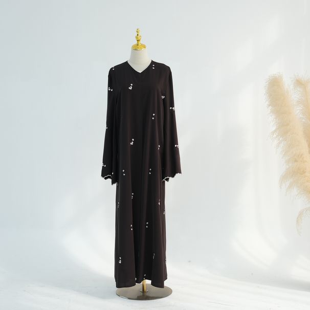 Voya Plus Size Modest Muslim Embroidered Abaya Set – Long Sleeve Cardigan & Inner Dress With Hijab Chiffon Floral Details (Dusty Rose)_ecoleips.com