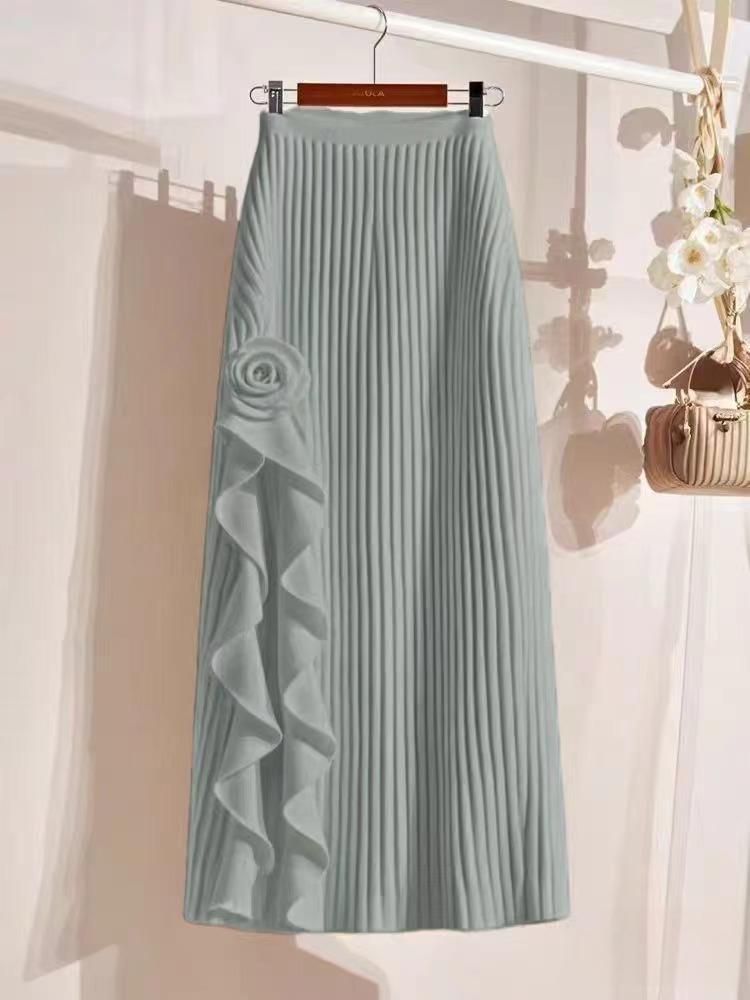 Women's Rose Patterned A-Line Skirt High Waisted Slimming Mid-Length Knitted Autumn/Winter New Style_ecoleips.com