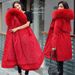 Women's Winter Parka With Fox Fur Trim - Longline Quilted Coat, Thickened Cotton Lining, Hooded Jacket (Khaki, Red, Black, Sage Green, Blue)_ecoleips.com