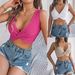 Real Shot Of 2026 Spring/summer European And American Solid Color Knotted Cropped Knit Top For Vacation. Independent_ecoleips.com