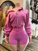 Women's European American Style Washed Fleece Lined Hooded Top And Distressed Shorts Two Piece Set Zip up Sports Clothing_ecoleips.com