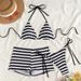 Women's Stripe Bikini Set - Soft Lined Triangle Top & High-Waist Boyshort Bottom (3-Piece Swimsuit) Universal Black_ecoleips.com