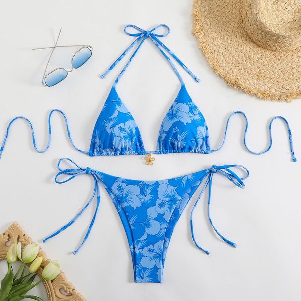 2025 New European And American Floral Lace Up Bikini Sexy Split Swimsuit Women's Three Point Bikini Swimsuit_ecoleips.com