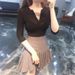 Korean Style Slim Fit Sheer mid Sleeve T-Shirt Women's Fitted Elegant V Neck Low Cut Slimming Base Layer Thin Top_ecoleips.com