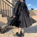 Long Sleeve A-Line Dress With Waist Gathering, High Waist, Black, Sweet And Cute For Women Versatile Long Sleeve Design_ecoleips.com