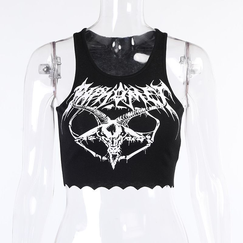 Gothic Knitted Punk Black Tank Tops Mall Goth Grunge Goat Print Harajuku Women Crop Tops Skinny Sleeveless Streetwear_ecoleips.com
