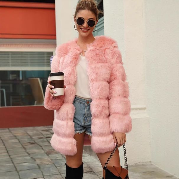 Luxury Faux Fox Fur Coat Women’s Long Trench Jacket – Elegant Winter Outerwear With Pockets (Black/Pink/Light Grey, S-XXXL)_ecoleips.com