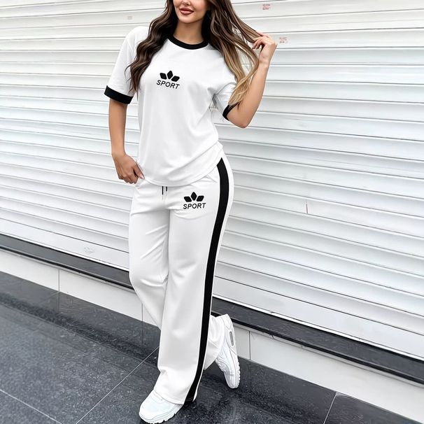 Women's Color Block Two Piece Set European American Style Cross Border Design Letter Logo round Neck Short Sleeve Wide Leg Pants Fashion_ecoleips.com