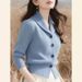 Fashionable Elegant Solid Color Turn-Down Collar Knitted Cardigan Women, Autumn Winter Long Sleeve Top For Women_ecoleips.com