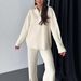 Spring Women's Pure Color Knit Set With Zipper, High Neck, And Striped Design-Two-Piece Home Wear Set_ecoleips.com