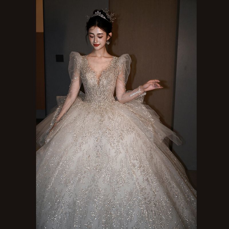 Women's Clothing Long Sleeved Wedding Dress Bride High Quality Texture Heavy Luxury Long Tail Small High End Dress_ecoleips.com