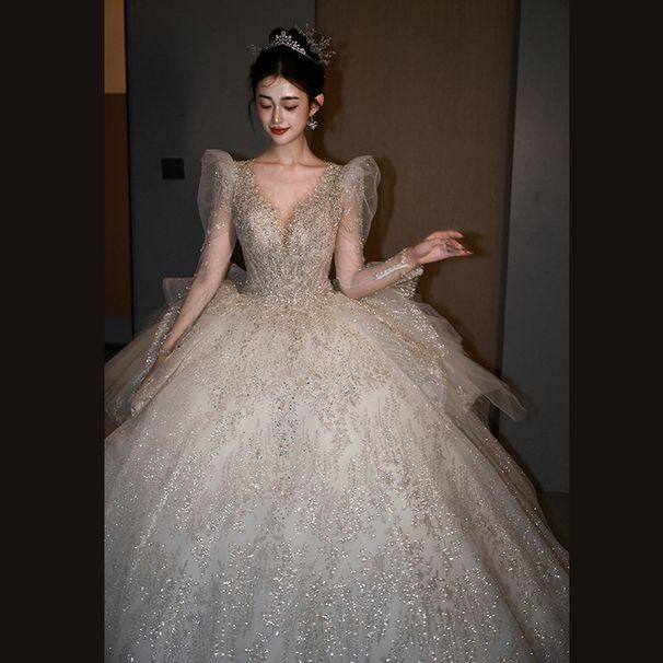 Women's Clothing Long Sleeved Wedding Dress Bride High Quality Texture Heavy Luxury Long Tail Small High End Dress_ecoleips.com