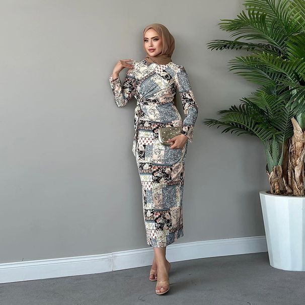 Women's Muslim Robe New Fashion Printed Dress With Headscarf_ecoleips.com