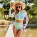 Women's Clothing Outdoor Sports Print Bikini Two Piece Swimsuit Long Sleeved Zipper Surfing Sexy Three Piece Set_ecoleips.com