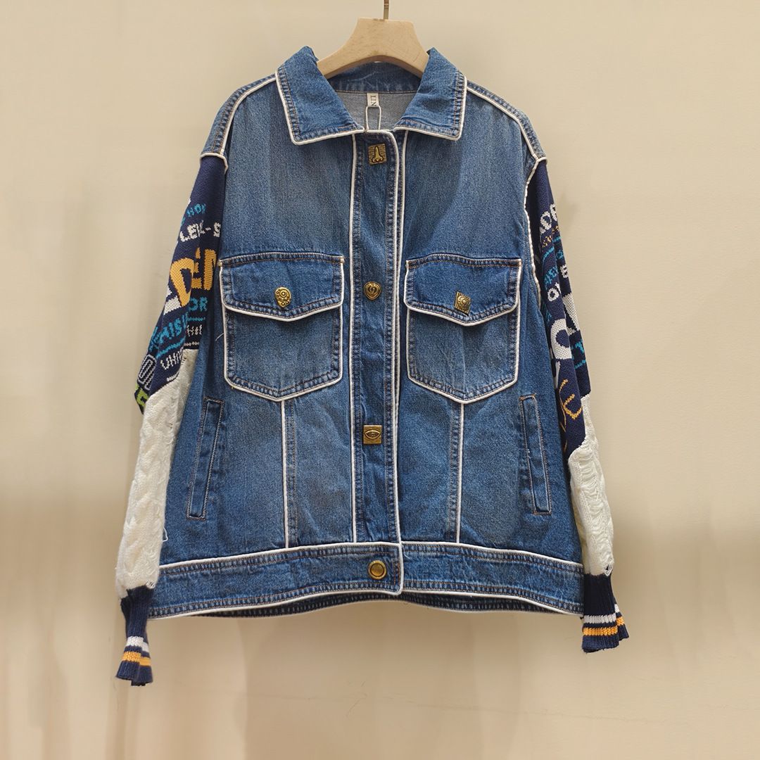 Women's Clothing Autumn And Winter Lazy Style Letter Contrast Color Stitching Sweater Sleeve Denim Jacket Female Ins Trendy Brand Windbreaker_ecoleips.com
