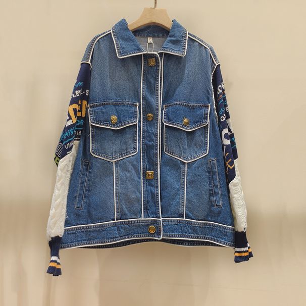 Women's Clothing Autumn And Winter Lazy Style Letter Contrast Color Stitching Sweater Sleeve Denim Jacket Female Ins Trendy Brand Windbreaker_ecoleips.com