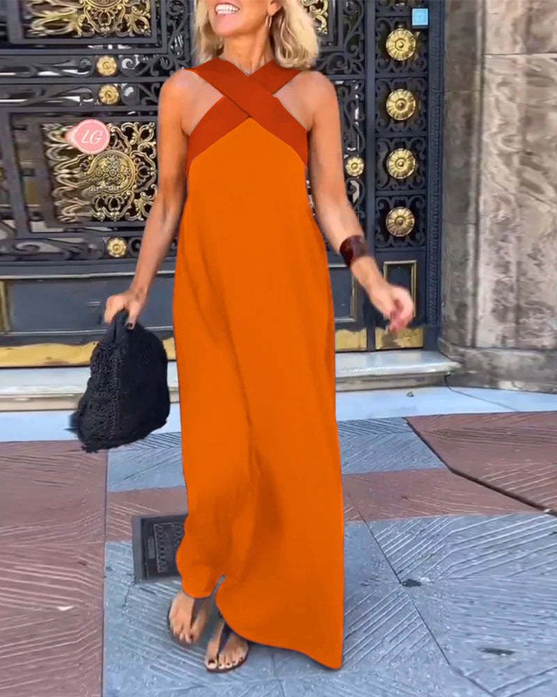 Women's Clothing Women's Open Slit Halter Neck Backless Long Dress Sleeveless Color Block Style Clothing For Formal & Casual_ecoleips.com