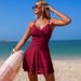 Women's One Piece Swimsuit European American Style Solid Color Hollow Out Bikini Skirt Style Cross Bandage Swimwear_ecoleips.com