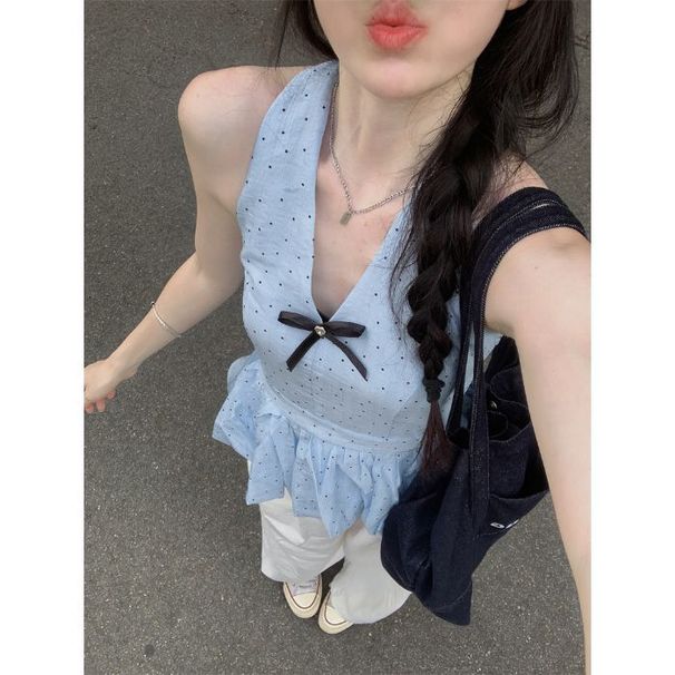 ng2510292 French-style Sweet Bowknot Polka Dot Halter Neck Tank For Women, Summer Design With A Floral Hem, Slim-fit And_ecoleips.com