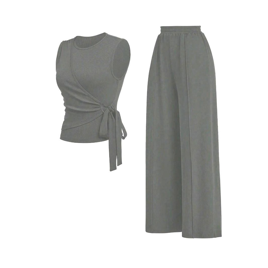 Women's Solid Color round Neck Vest And High Waisted Straight Leg Pants Two Piece Set Waist Tie Design Casual Style_ecoleips.com